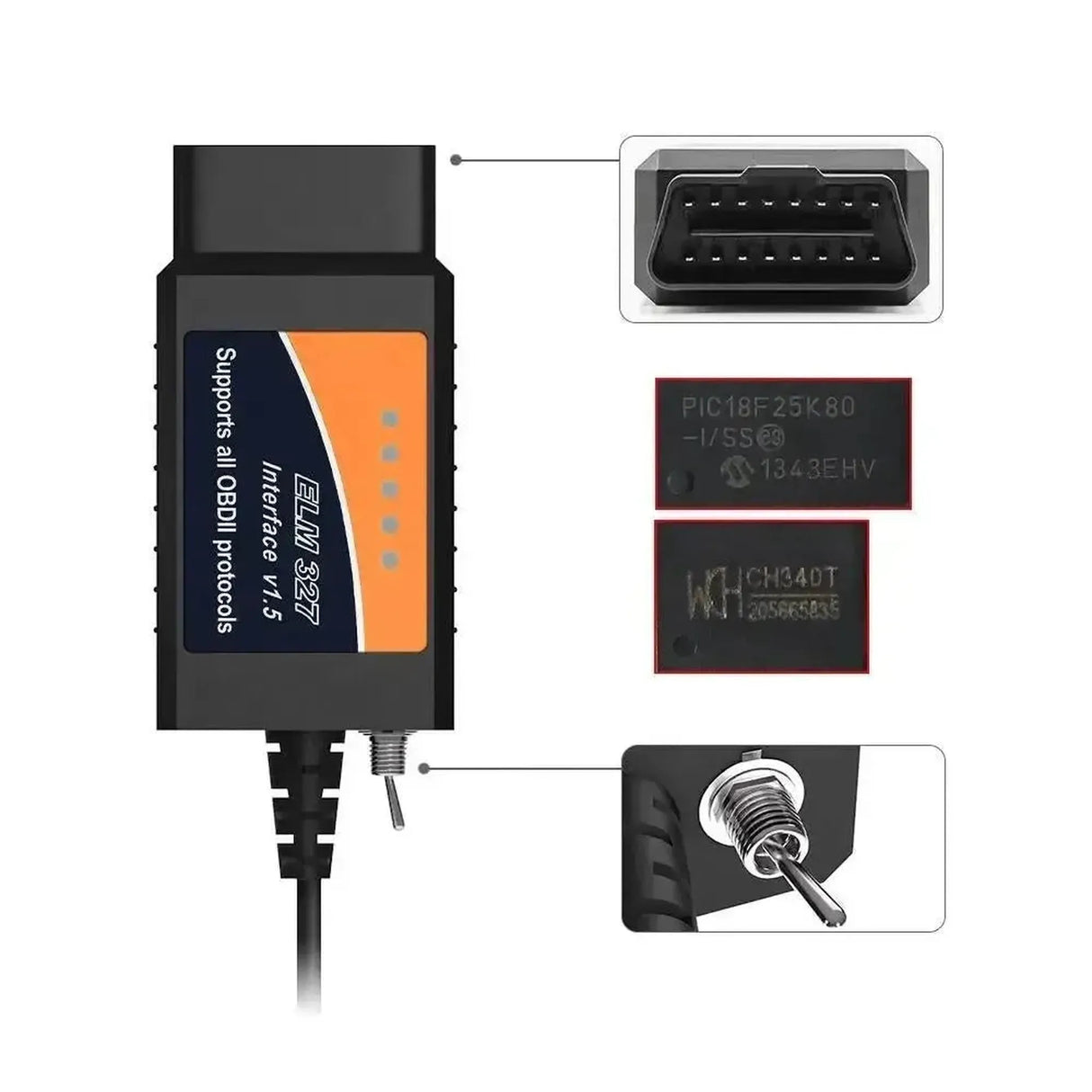 Câble interface USB universel ELM327 (CHT340) (Commutateur HS/MS-CAN)