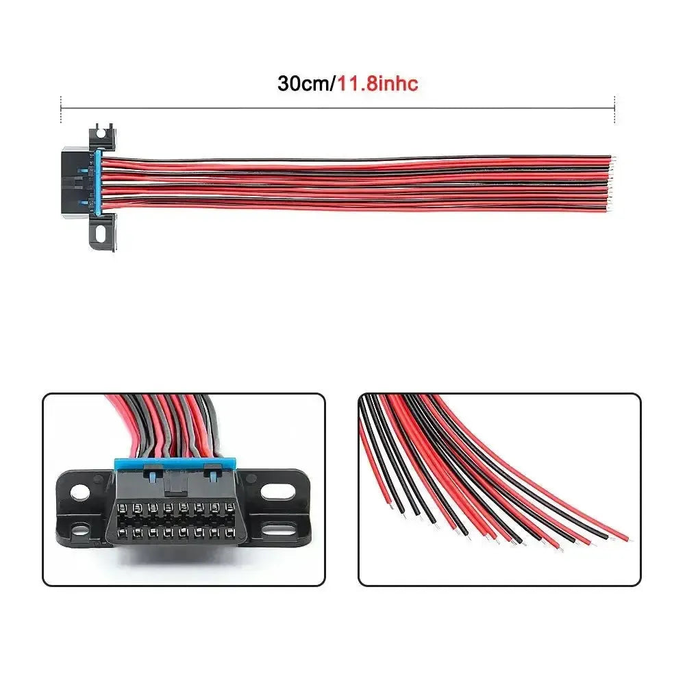 Port OBD2 universel 16 broches (femelle) avec 16 câbles à extrémité ouverte - 30 cm
